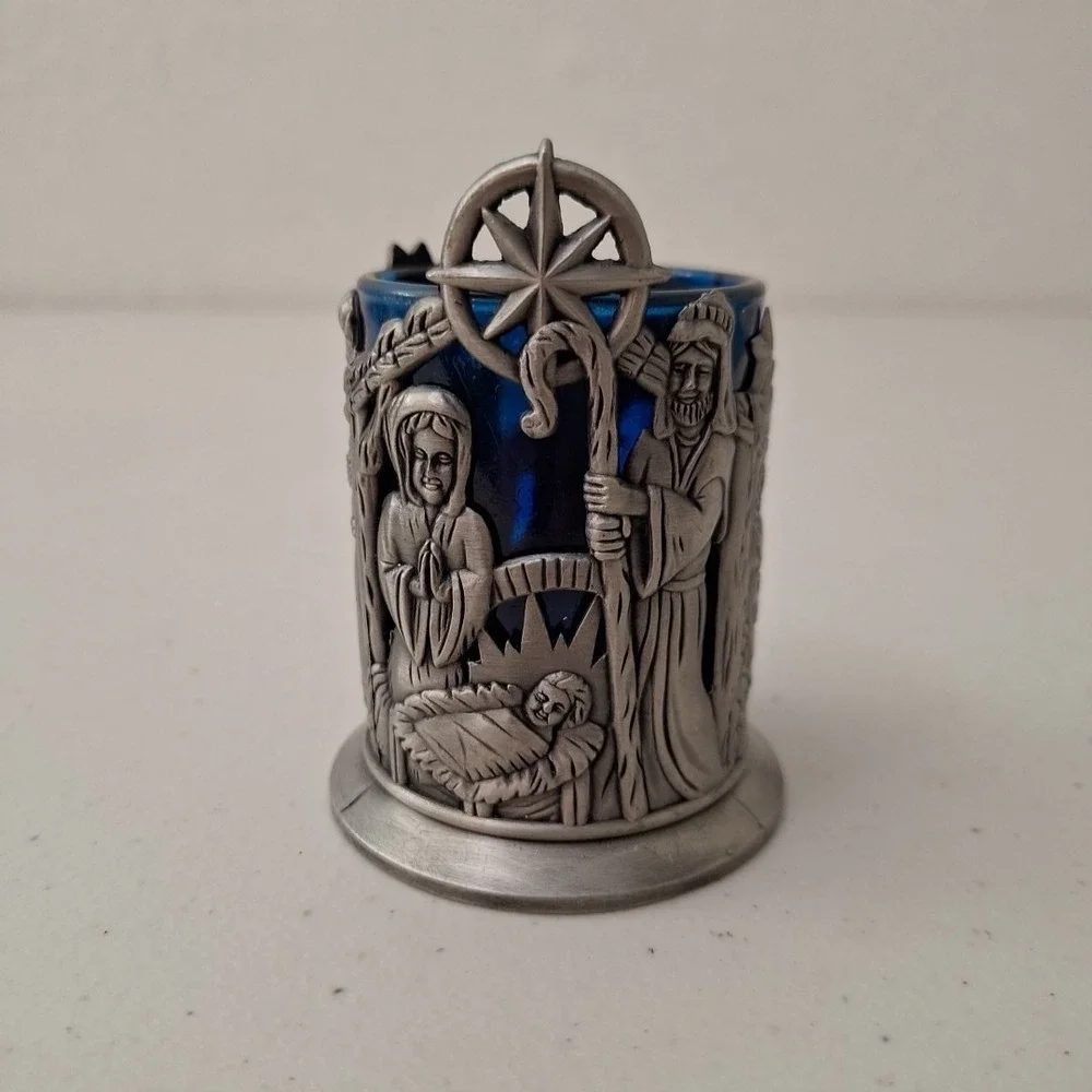 VTG Nativity Scene Pewter Blue Glass Notive Candle Holder MADE TAIWAN 3.5